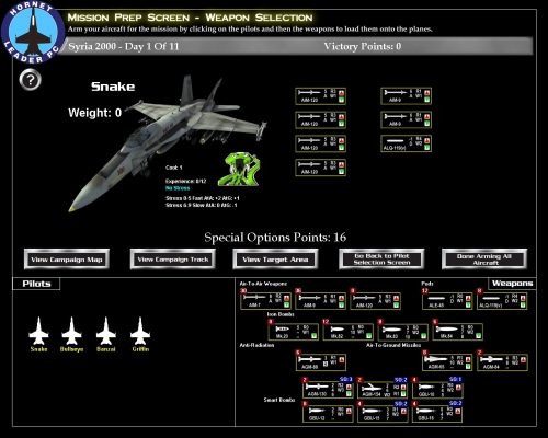 E' il momento di armare gli aerei! In basso a destra l'arsenale a disposizione. Alcune armi richiedono dei punti "special operations", limitati nella campagna: un paio di bombe a guida laser dovrebbero fare al caso nostro.