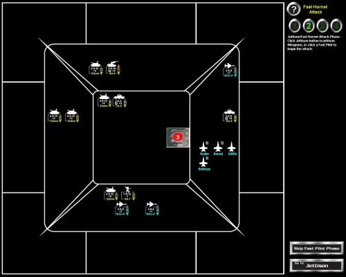 Il movimento dei banditi era più "furbo" nel gioco da tavola: uno dei MiG-21 assurdamente si allontana dagli Hornet, e avendo raggio 0 (il numero a destra dell'icona) perde ogni possibilità offensiva...