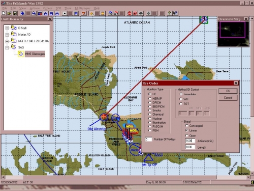 Anche la Royal Navy ha il suo momento: stiamo dando istruzioni al cacciatorpediniere HMS Glamorgan per eseguire il tiro controcosta con i suoi pezzi da 114mm. Come si può notare il dialog box per il fuoco indiretto è particolareggiato e completo.