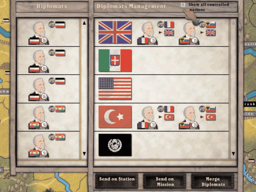 L'interfaccia diplomatica Mostra contemporaneamente gli ambasciatori di tutte le potenze controllate.