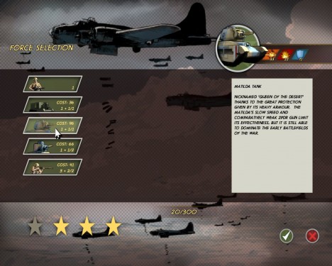 Schermata di selezione delle forze per la prossima missione; le stelle in basso sono obiettivi secondari. Schermata di selezione delle forze per la prossima missione; le stelle in basso sono obiettivi secondari.