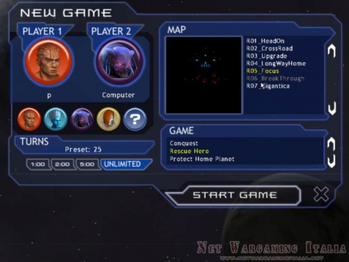 Schermata di scelta della partita: ci sono quattro possibili avatar, la selezione per la massima durata della partita in turni ed il tipo di gioco da fare.