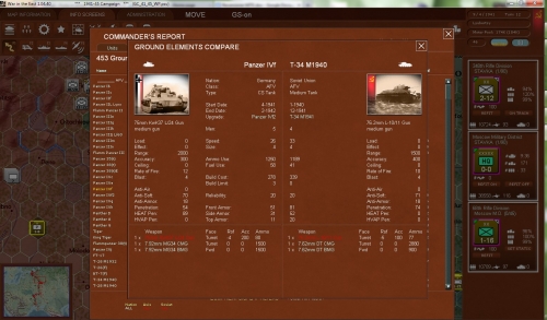 il gioco offre un notevole dettaglio, con combattimenti risolti a livello di singoli elementi che compongono l’unità. Qui un confronto fra un Panzer IVf e un T-34 M1940.