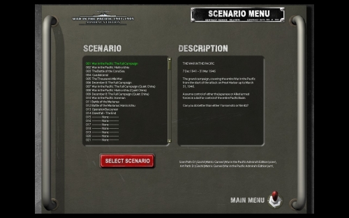 La lista degli scenari presenti con l'attuale versione del gioco. Si nota l'assenza di un tutorial.
