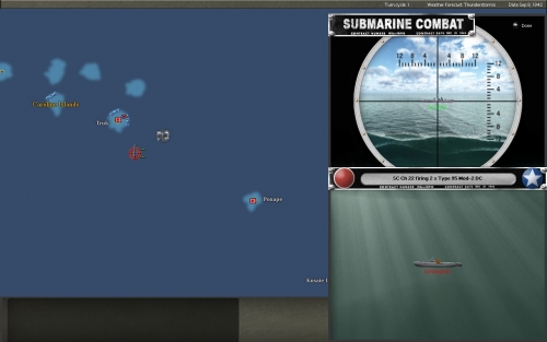 Il Flying Fish tenta di evitare le bombe di profondità sganciate dalla corvetta giapponese a largo di Truk.